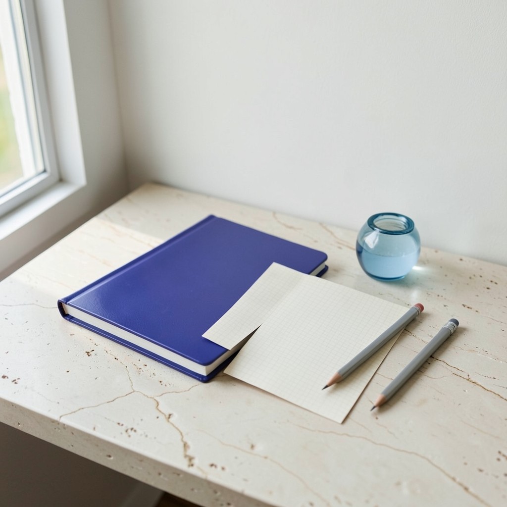 A neat writing desk with a lamp and blank correspondence cards, ready for a reply.