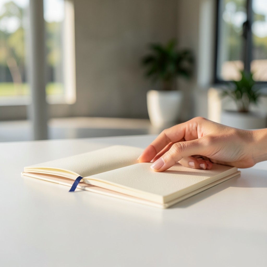 A folded notebook and pen on a plain surface, ready for a single focused note.