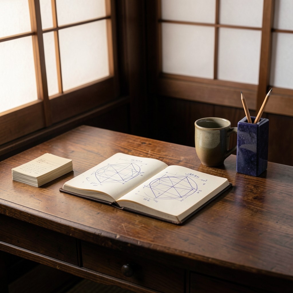 A close-up of a handwritten field notebook beside a ruler and pencil on a plain desk.