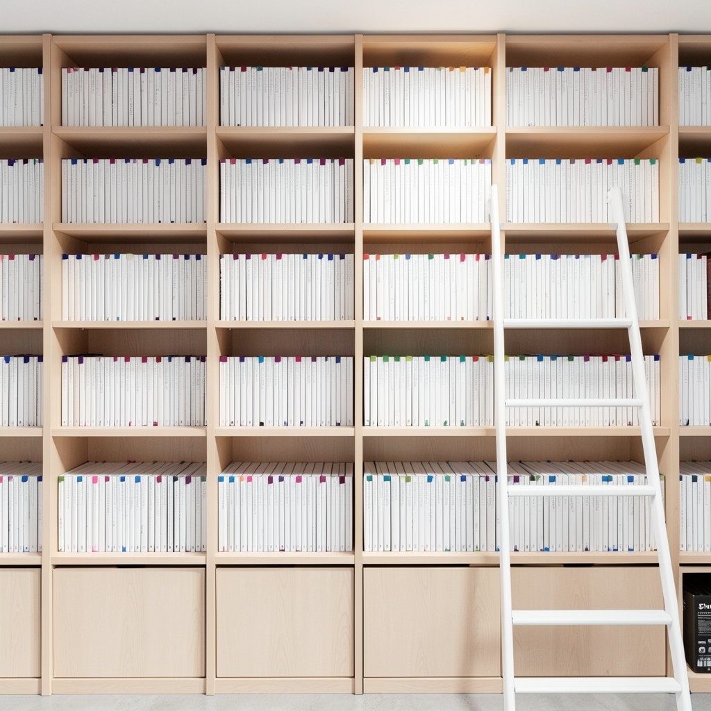 A wall of identical neutral-toned notebooks arranged on clean white shelves.