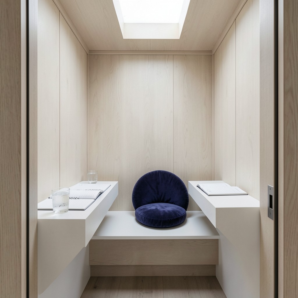 A calm reading corner with a single chair, small table, and stacked field notebooks.